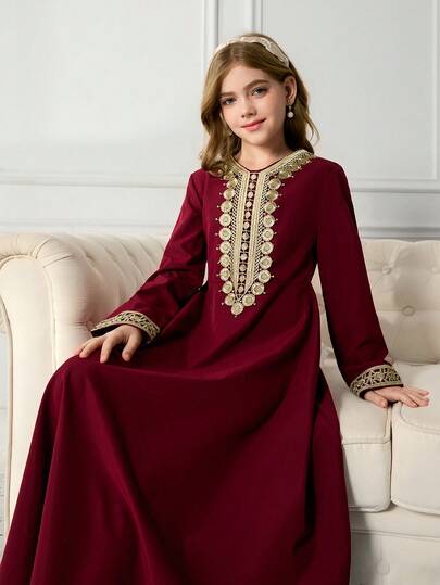 Girls Long Sleeve Red V Neck A Line Abaya Dress With Gold Embroidery For Parties Modest Long Sleeve Dresses For Girls Abaya Dress For Girls Islamic Dresses For Girls Muslim Girl Dress