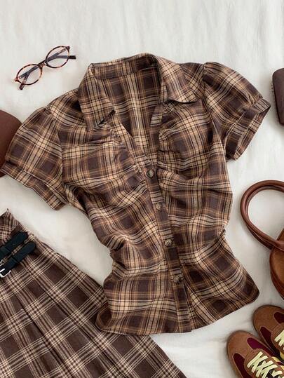 Comfortcana Women's Casual Plaid Front Button Ruched Waist Short Sleeve Shirt, Summer