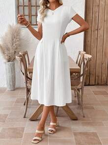 EMERY ROSE Đầm dài tay ngắn cổ chữ V màu trơn có túi thường ngày dành cho nữ - trắng - Xem 6