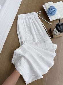 Comfortcana 大码女式纯色褶皱纹理宽松抽绳系腰阔腿休闲度假棉质长裤，夏季商务休闲女装 - 白色 - 查看 8