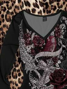 Attitoon Casual Retro Punk Style Faux Rhinestone Red Heart Rose Cross Graphic V-Neck Slim Fit Long Sleeve T-Shirt, Versatile For Airport , Vintage, Sexy, Cute, Y2K, Coconut Girl, Boho, Hippie Style, Music Festival, Graphic Tee Spring - White - View 4