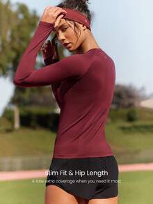 GLOWMODE Seamless Slimfit Long Sleeve Top Hip Length Antibacterial Lightweight Summer - Burgundy - View 3