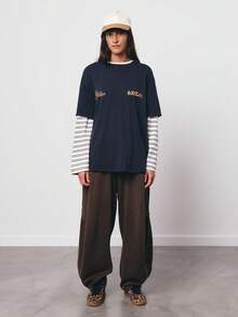 SURIMA 女士宽松休闲极简图案圆领短袖T恤 - 藏蓝色 - 查看 3