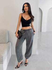 Shopreo Washed Drawstring Waist Joggers Spring Vacation Casual Airport Summer Active Graduation, Teacher Outfits For Women, Back To School Fall, Autumn, Winter Christmas - Dark Grey - View 1