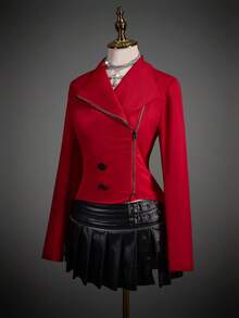 SHEIN ICON Áo khoác nữ hai lớp cổ bẻ ôm sát màu đen có khóa kéo, thích hợp cho mùa thu/đông, quần áo mùa thu cho nữ, quần áo mùa đông cho nữ. - Màu Đỏ Sâu - Xem 4