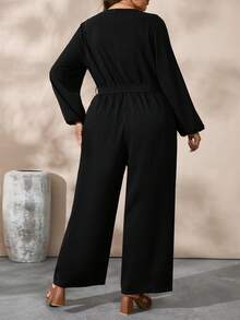 EMERY ROSE Casual Comfortable V-Neck Long Sleeve Jumpsuit - Black - View 2