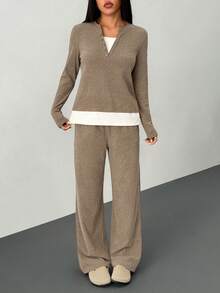 SHEIN PETITE 女士休闲拼接撞色上衣裤套装(棕色) 女士两件套 女士两件套 舒适两件套 女士两件套家居服套装 两件套睡衣套装 秋季女装 秋季服装 秋季女装 女士冬季服装 - 棕色 - 查看 9