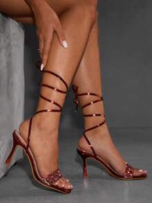 CUCCOO SZL 女士水钻装饰方头时尚魅力优雅高跟凉鞋 - 酒紅色 - 查看 5