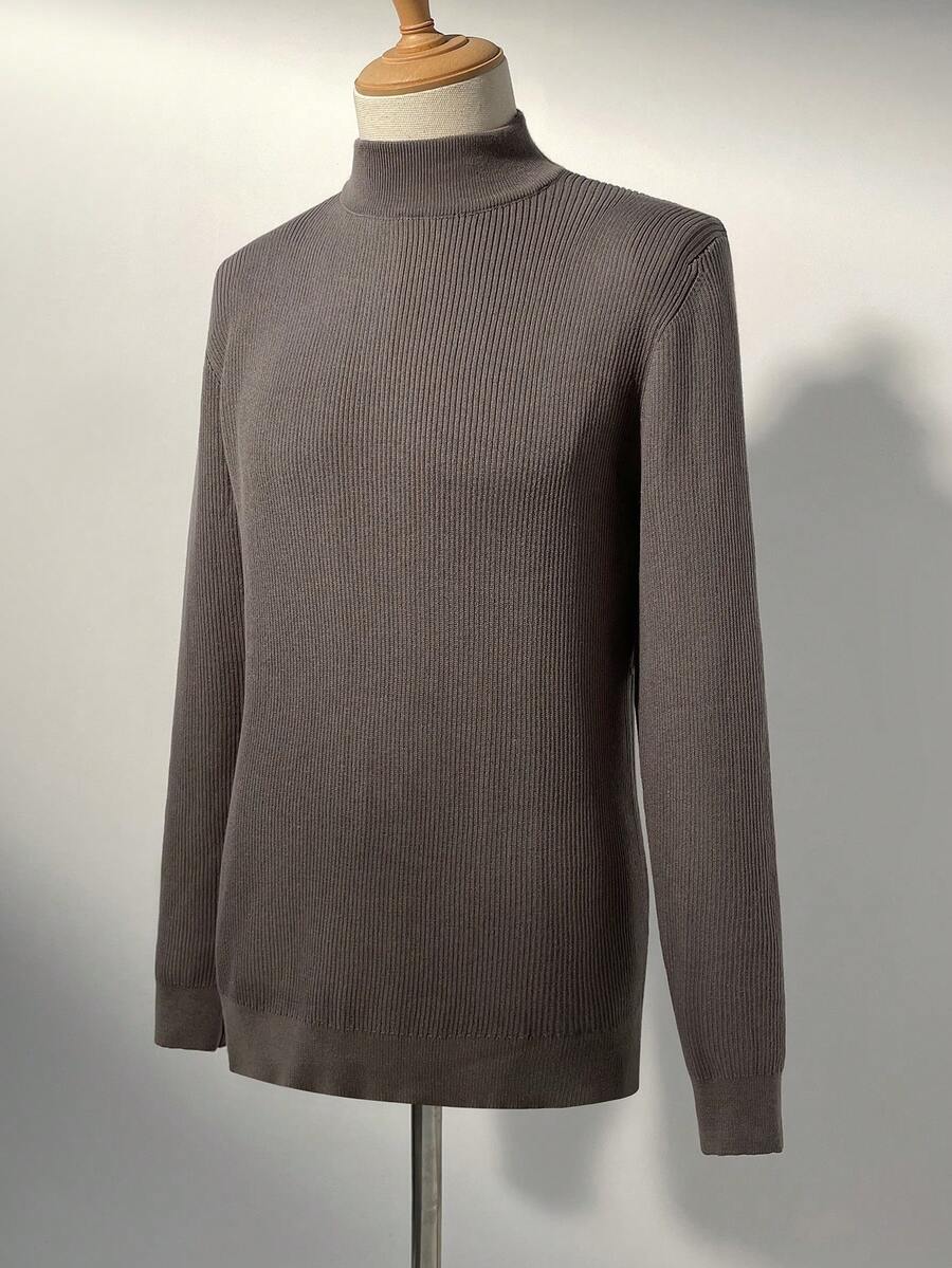 Manfinity Homme 男士休闲日常通勤简约纯色罗纹针织衫，秋冬款 - 咖啡棕 - 查看 1