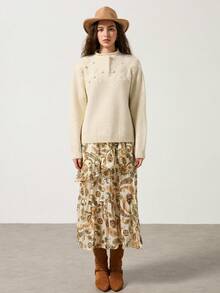 MYSTAURA Fashionable 3D Floral Loose Casual Stand Collar Knit Sweater - Beige - View 4