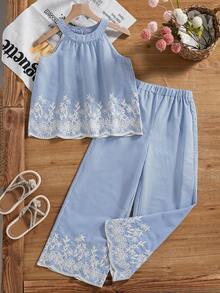 Tween Girls' Vacation Casual Striped Floral Embroidered Halter Top And Pants Set