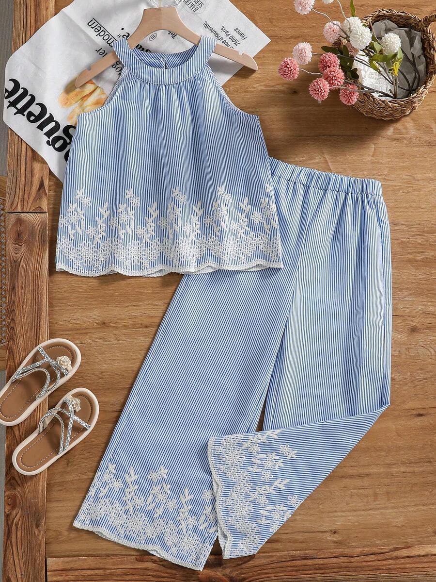 Tween Girls' Vacation Casual Striped Floral Embroidered Halter Top And Pants Set