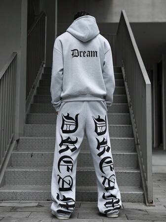 Manfinity Roghcode Men's Street-Style Popular Full-Print "DREAM" Graphic Hoodie Sweatshirt Set, Suitable For Outdoor Music Festivals, Casual Outings, Gifts For Boyfriend/Husband, Anniversary Gifts, Light Gray Designer Sweatsuit Mens Street Wear Sets Men Hoodie And Sweatpants Set Men 2 Piece Sweatsuit Drip Outfits Men