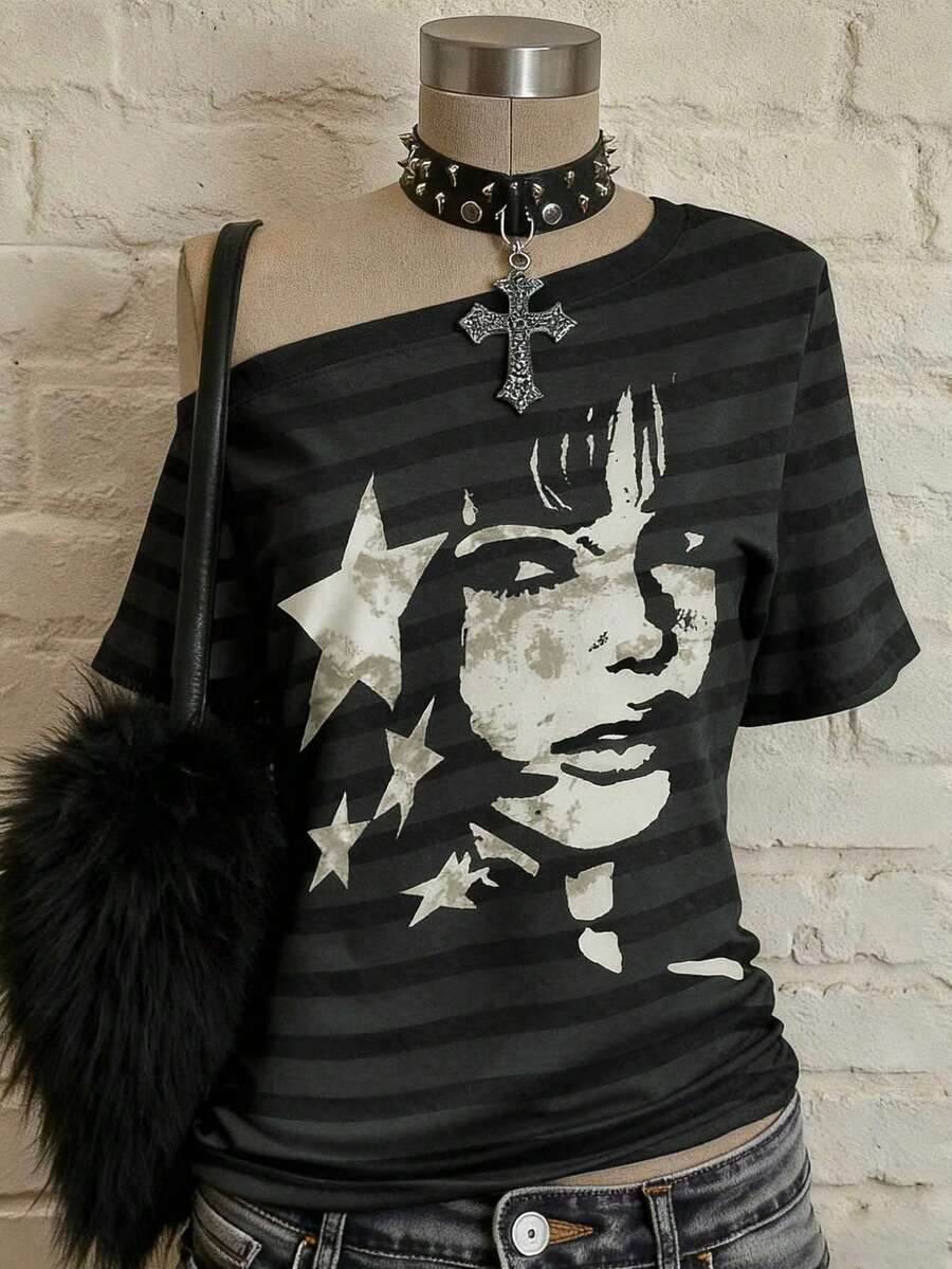 SHEIN Áo crop top họa tiết ngôi sao năm cánh và hình người phong cách Harajuku Y2K, áo phông hở vai dành cho nữ, phù hợp cho mùa xuân/hè - Nhiều màu - Xem 1