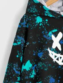 SHEIN Tween Boy Glow In Dark Smiling Face Splash Ink Print Long Sleeve Casual Sweatshirt, For Autumn - Green - View 4