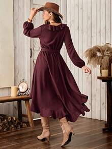 Wildy Đầm midi dài tay kiểu BOHO phong cách đồng quê miền Tây giản dị với viền bèo nhún dành cho nữ, trang phục cơ bản hàng ngày cho mùa thu/đông. - Màu Tím - Xem 2