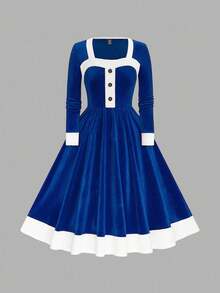EMERY ROSE Plus Size Women Velvet A-Line Waist Cinched Long Sleeve Dress, Fashionable For Christmas Party, Celebration - Royal Blue - View 1