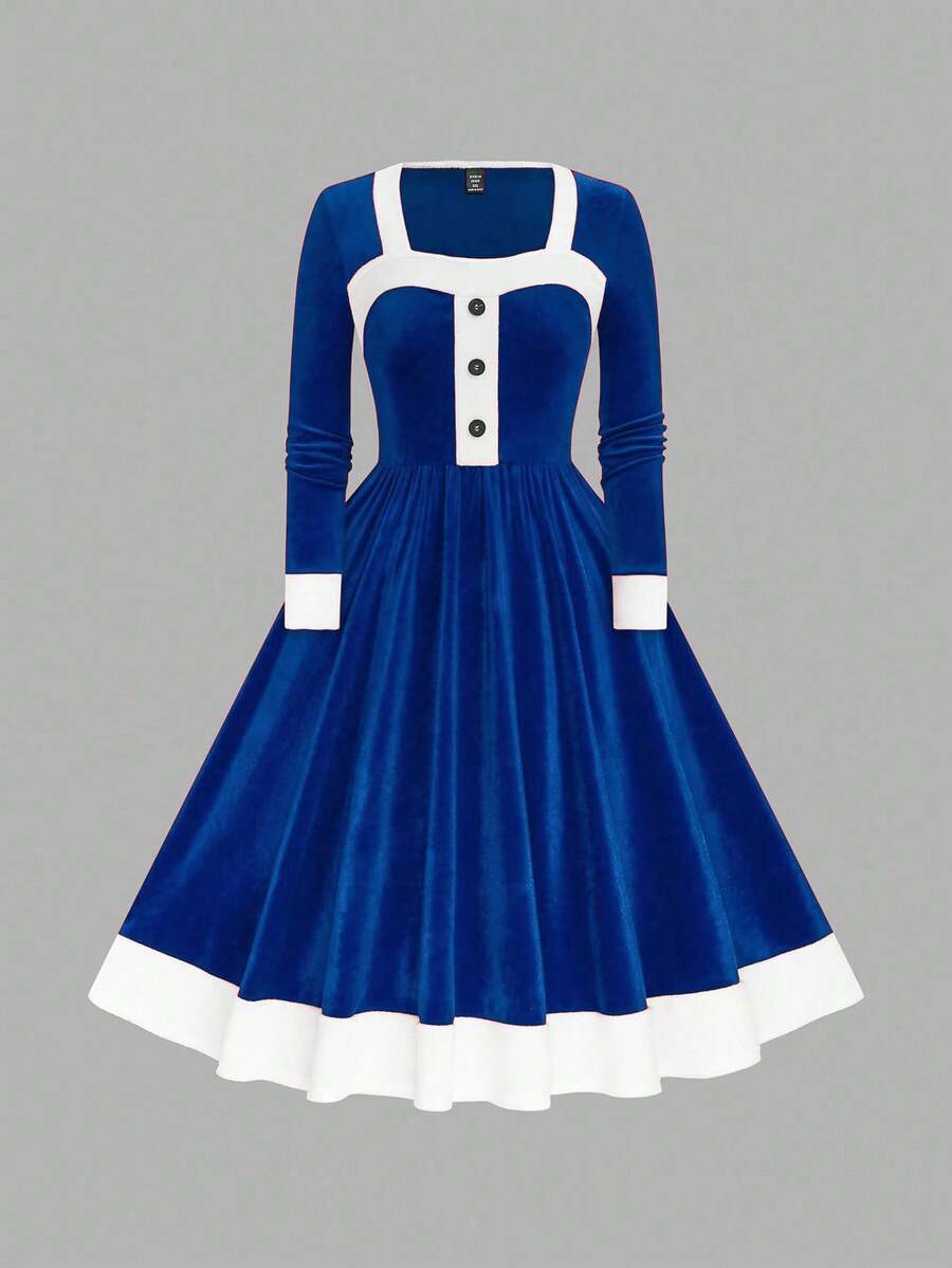EMERY ROSE Plus Size Women Velvet A-Line Waist Cinched Long Sleeve Dress, Fashionable For Christmas Party, Celebration - Royal Blue - View 1