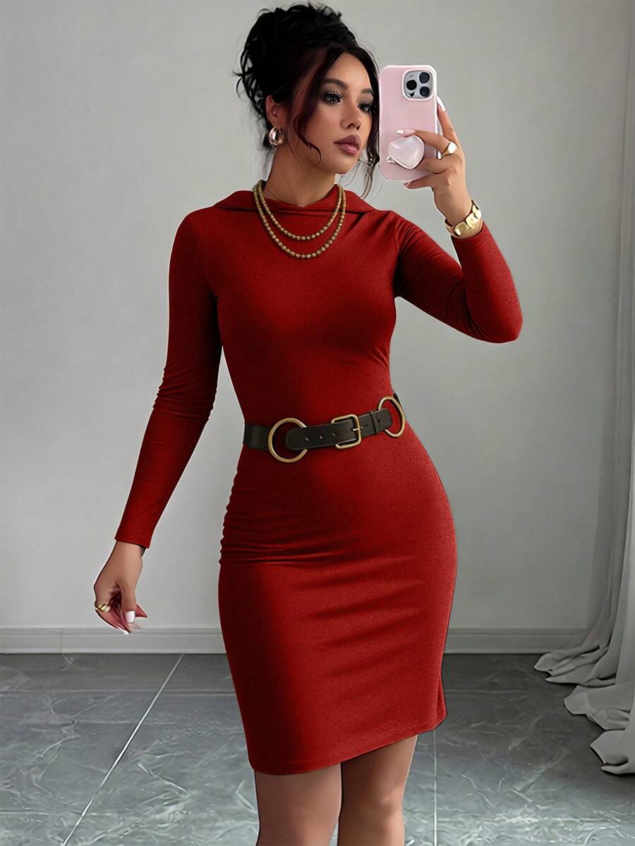 SHEIN LUNE 女式纯色长袖连帽修身休闲连衣裙，秋季 - 酒紅色 - 查看 1