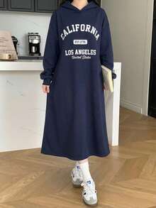 少女纯色藏蓝色英文印花连帽宽松长袖针织连衣裙 - 藏蓝色 - 查看 5