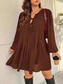 SHEIN Frenchy Plus Size Women's Casual, Vacation, Daily Commute Simple Solid Color Knot Front Lantern Sleeve Fold Pleated Loose Dress, Spring/Autumn - Coffee Brown - View 1