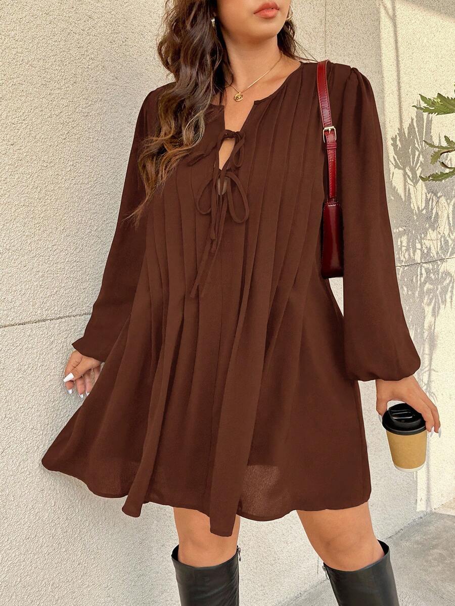 SHEIN Frenchy Plus Size Women's Casual, Vacation, Daily Commute Simple Solid Color Knot Front Lantern Sleeve Fold Pleated Loose Dress, Spring/Autumn - Coffee Brown - View 1