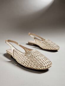 SHUZIA #OldMoney Women's Square Toe Pu Gold Woven Slingback Flats – Classic Coastal Chic & Breezy Comfort - Gold - View 6
