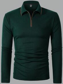 Manfinity Mode Men's Contrast Trim Half-Zip Casual Long Sleeve Polo Shirt Old Money,Daily Leisure, Weekend Trips, Outdoor Activities, Travel Expeditions, Relaxed Work Environments Or Semi-Formal Occasions, Boyfriend/Husband Gift, Anniversary /Birthday Gift Party Christmas New Years Wedding - Dark Green - View 3