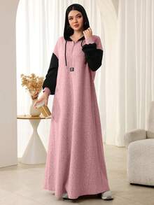 Mulvari Váy dài thời trang có mũ trùm đầu, chất liệu vải kết cấu, khóa kéo kim loại phía trước dành cho nữ, mùa thu/đông - Hồng - Xem 5