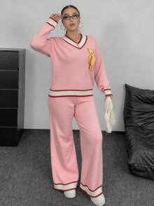 POPSWAY Plus Size Women Casual Cute Bear Pattern Jacquard Knit V-Neck Sweater + Sweater Pants Set, Suitable For Home And Outdoor Wear, Adorable 2-Piece Sweater Set, Suitable For Autumn/Winter Pink Knitted Set Lounge Wear,Pink Knitted V Neck Sweater And Pants Co Ord Set With Rib Knit Details And Striped Design Drop Shoulder  Sleeve Perfect For Casual Wear - Pink - View 4
