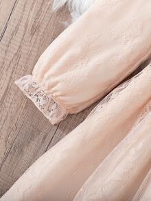 春秋新款甜美可爱女童蕾丝彼得潘领长袖收腰公主蓬蓬裙，适合日常穿着、度假、派对等场合 - 杏色 - 查看 5