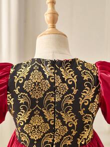 Glamorique Kids Young Girl Round Neck Puff Sleeve Floral Print Ruffle Party Dress - Burgundy - View 8
