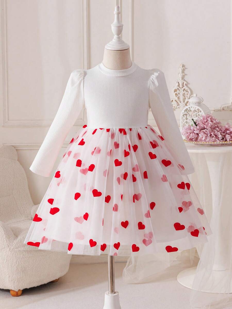Glamorique Kids Young Girls' Spring/Summer New White Ribbed Splice Red Heart Flocked White Mesh Elegant Design Party Puff Sleeve Stand Collar Dress - White - View 1