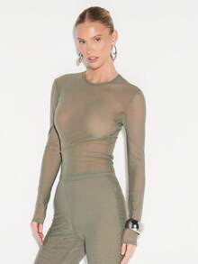 KIZN Áo liền quần cổ tròn tay dài lưới màu xanh ô liu ôm sát, phong cách thu đông, mặc nhiều lớp thường ngày - màu xanh lá - Xem 5