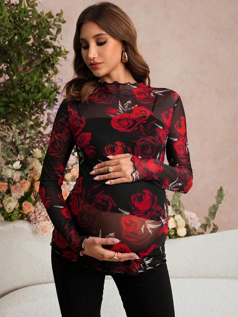 SHEIN Maternity Clothes Maternity  Tops Spring And Summer Pregnant Clothes Black Rose Long-Sleeved T-Shirt With Stand-Up Collar And Mesh Fabric, Elegant Party