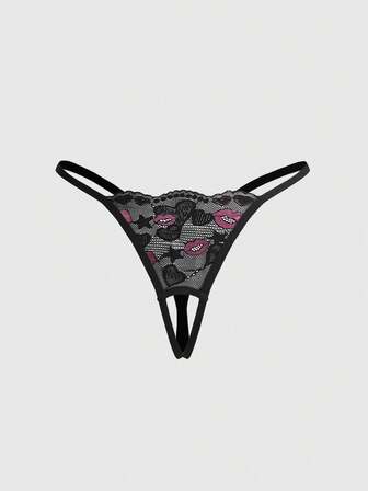 Women's Gothic Sexy Lip & Floral Pattern Crotchless Panties