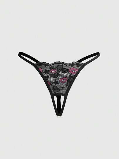 Women's Gothic Sexy Lip & Floral Pattern Crotchless Panties