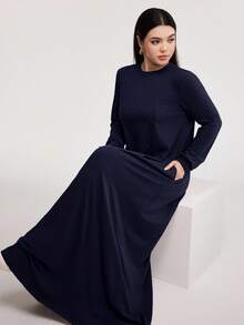 Veilorie 女士休闲纯色长款阿拉伯风格连衣裙，春秋季节，朴素长袖连衣裙，非常适合海滩/休闲/度假/家居服/日常穿着 - 藏蓝色 - 查看 5