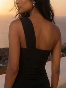 CAJUNI Women's Casual Sexy Vacation Black Asymmetric Hollow Out Off Shoulder Sleeveless Bodycon Mini Dress, Suitable For Dates, Parties, Nights Out, One Sleeve Dress, Black Vacation Dress, Black Sexy Dress Women, One Shoulder Dress - Black - View 5