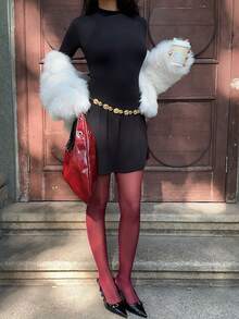 SHEIN EZwear 女士纯黑色长袖针织中长连衣裙，适合秋季通勤 - 黑色 - 查看 3