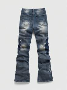 ROMWE MEN Men's Embroidered & Rhinestone Decorated Flared Jeans - Dark Wash - View 3