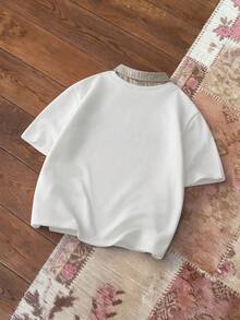 SWAVVY Men's Casual College Style Letter & Striped Print 2 In 1 T-Shirt With Necktie, Summer College Style Pattern Polo Men Unisex Clothes Men Club Wear Pro Club Shirt - White - View 2