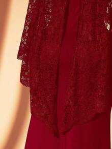SHEIN Clasi 加大码女士派对蕾丝披肩及紧身连衣裙两件套，黑色 - 酒紅色 - 查看 6
