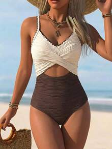 Swim Lushoire 1pc Women's One-Piece Swimsuit, Wavy Pattern Sexy European-American Style Conservative Criss-Cross Beach Swimsuit - Multicolor - View 2