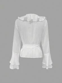 Cévolie Women's Elegant Solid Color Surplice Neck Ruffle Trim Flare Sleeve Belted Shirt, Spring/Summer/Autumn - White - View 2