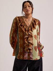 SHEIN VCAY 大码印花撞色荷叶边长袖衬衫 - 彩色 - 查看 6
