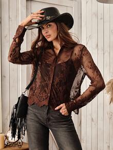 Wildy Women's Casual Country Style Lace Semi-Sheer Long Sleeve Basic Blouse - Rust Brown - View 3