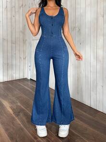 SHEIN PETITE 女式休闲水洗修身无袖牛仔连体裤