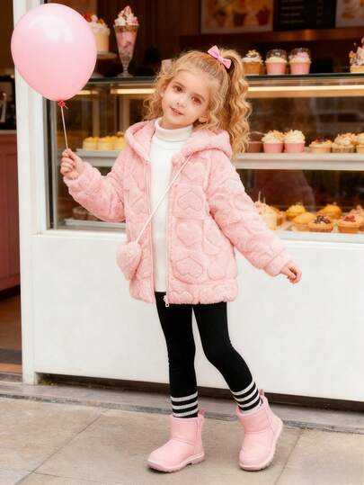 Elladie kids 甜美粉色毛绒外套，适合年轻女孩，饰有 3D 心形纹理图案，适合秋冬