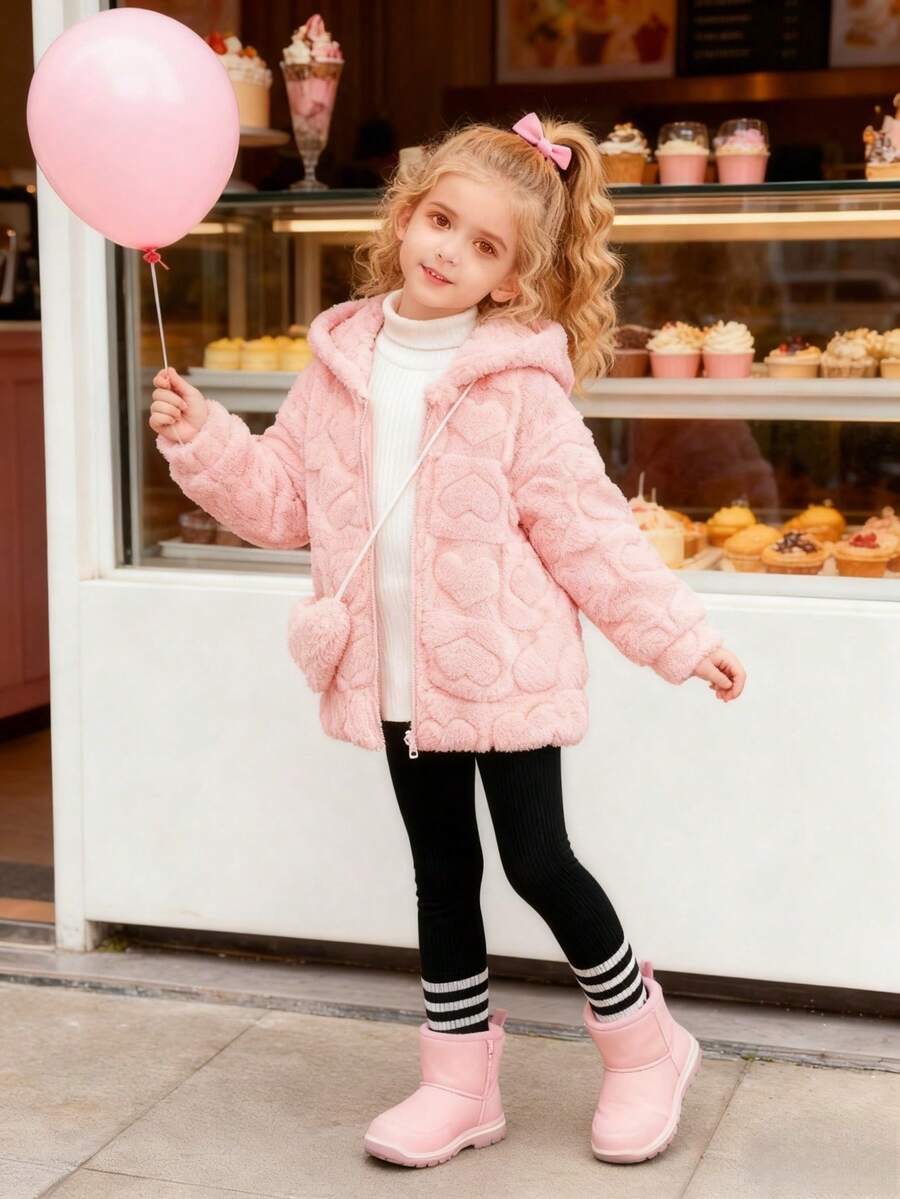 Elladie kids 甜美粉色毛绒外套，适合年轻女孩，饰有 3D 心形纹理图案，适合秋冬